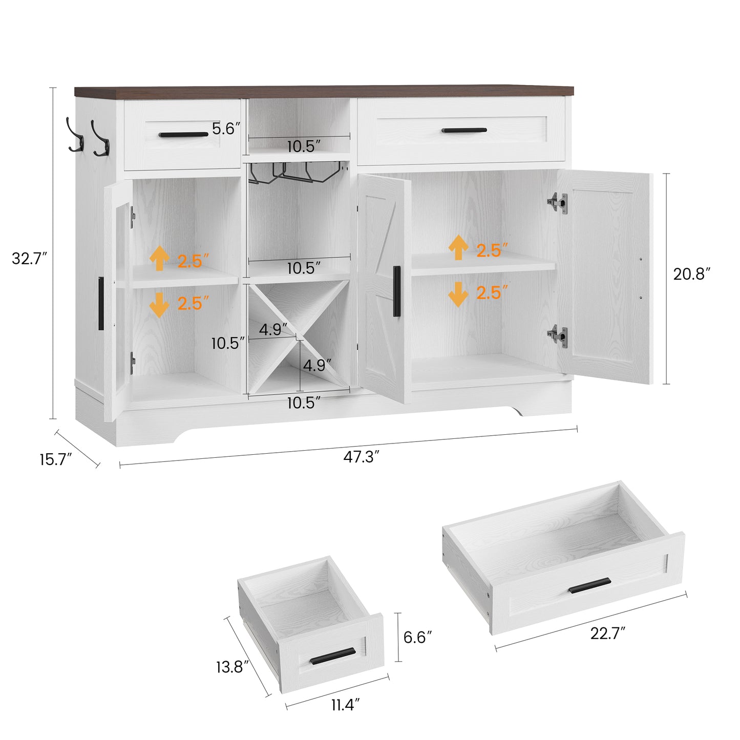 Buffet Cabinet with Storage, 47.3" Farmhouse Coffee Bar Cabinet with Glass Holders, Wine Bar Cabinet with 2 Drawers, Wine Racks for Liquor, Wooden Sideboard for Dining Room, Living Room, White